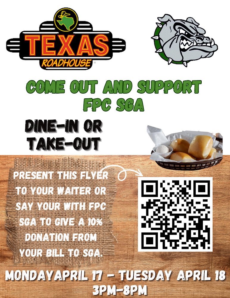 Join <a href="/FPCHS/">Flagler Palm Coast High School</a> SGA on the 17th and 18th for a Texas Road House fundraiser! 🐾💚