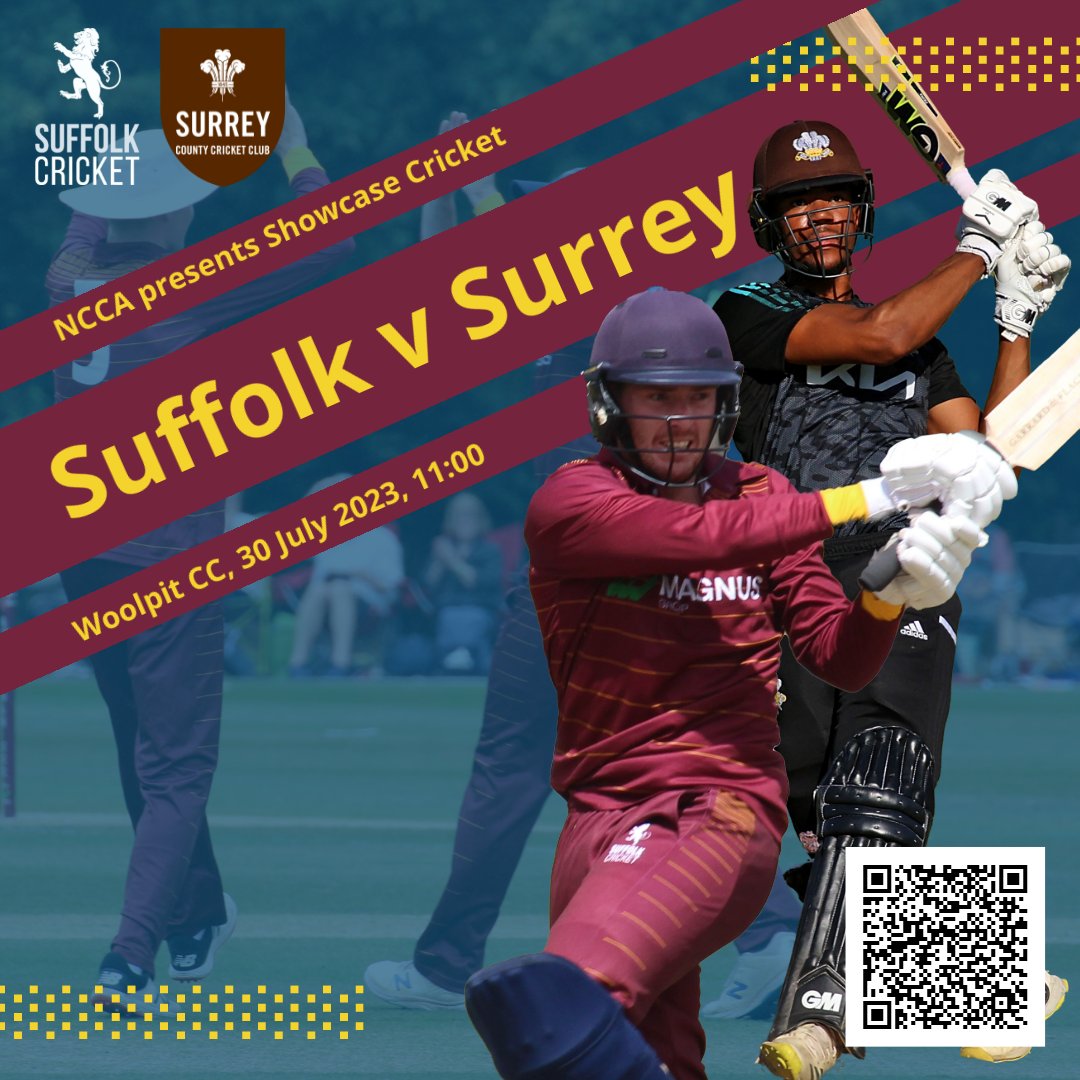 Purchase tickets to see Suffolk play <a href="/surreycricket/">Surrey Cricket</a> in the <a href="/NCCA_uk/">NCCA (National Counties Cricket Association)</a> Showcase match at <a href="/WoolpitCC/">Woolpit CC</a> in late July... 

bit.ly/3jAWLBM 

<a href="/MagnusGroupLtd/">Magnus Group</a> 
jamieleesmithcatering.co.uk 
<a href="/nvplaycricket/">NV Play</a> stevesmithelectrical-ipswich.co.uk <a href="/ParkersPitches/">Parkers Pitches Ltd</a>