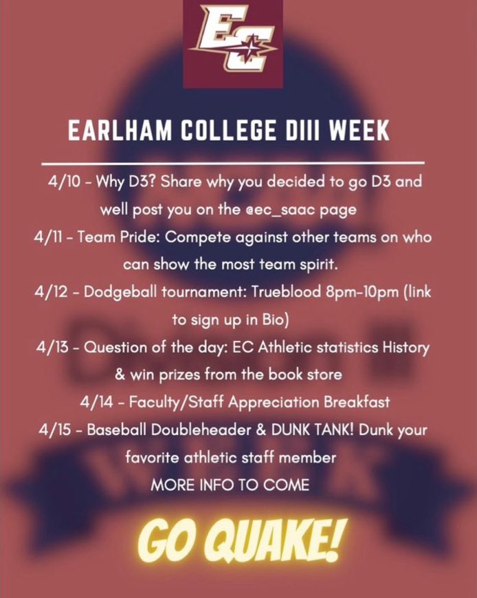 Today kicks off D3week here at Earlham! Check out our schedule of events this week hosted by the Earlham SAAC.

#FFIL #TheHeartOfD3 #D3week