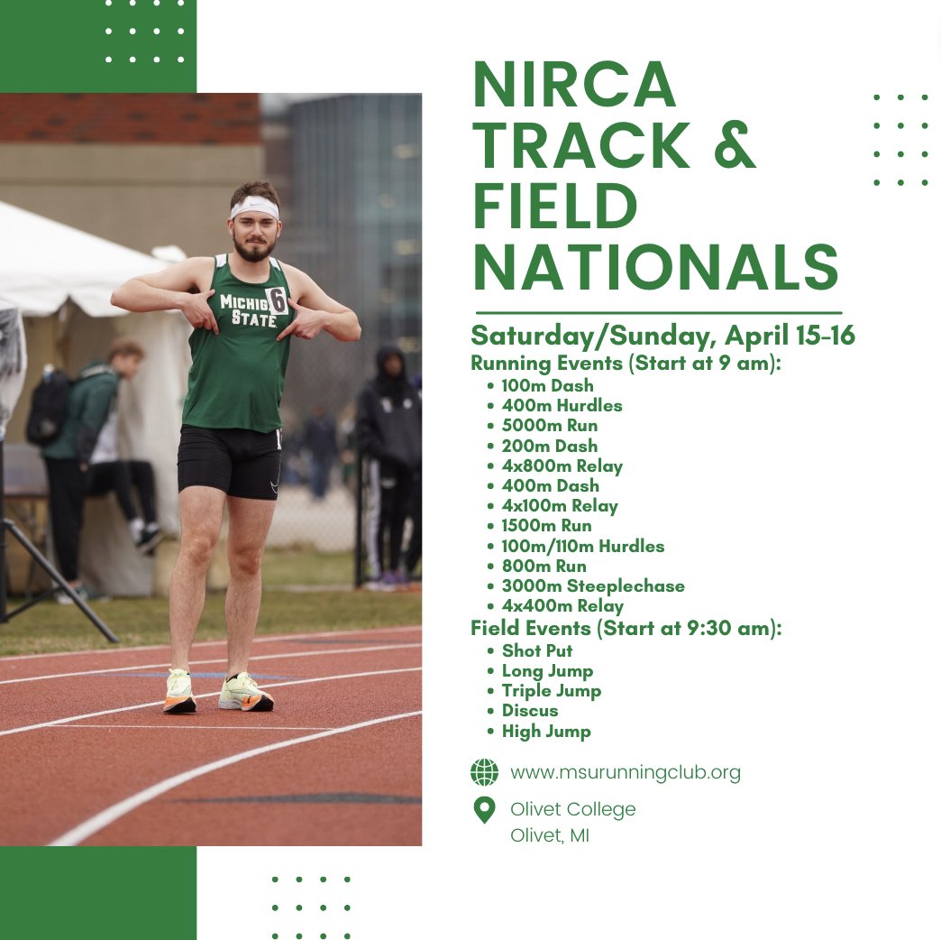 We have a busy week ahead, but most importantly, IT'S MEET WEEK!!!

Intrasquad Meet is Tuesday at Jenison &amp; NIRCA Nationals will be Saturday/Sunday in Olivet &amp; Dearborn.

I hope you are all as excited as I am for the penultimate meet of the season this weekend! Club or Die!