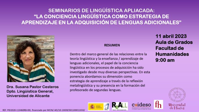 ReALL_es's tweet image. Mañana, 11 de abril, tenemos la suerte de recibir como ponente invitada a Susana Pastor Cesteros
@Humanidades_UHU
organiza #Seminario de #Lingüística #Aplicada Será presencial, pero iremos contando por aquí. 

¡ Bienvenida a Huelva, @spastorcesteros !