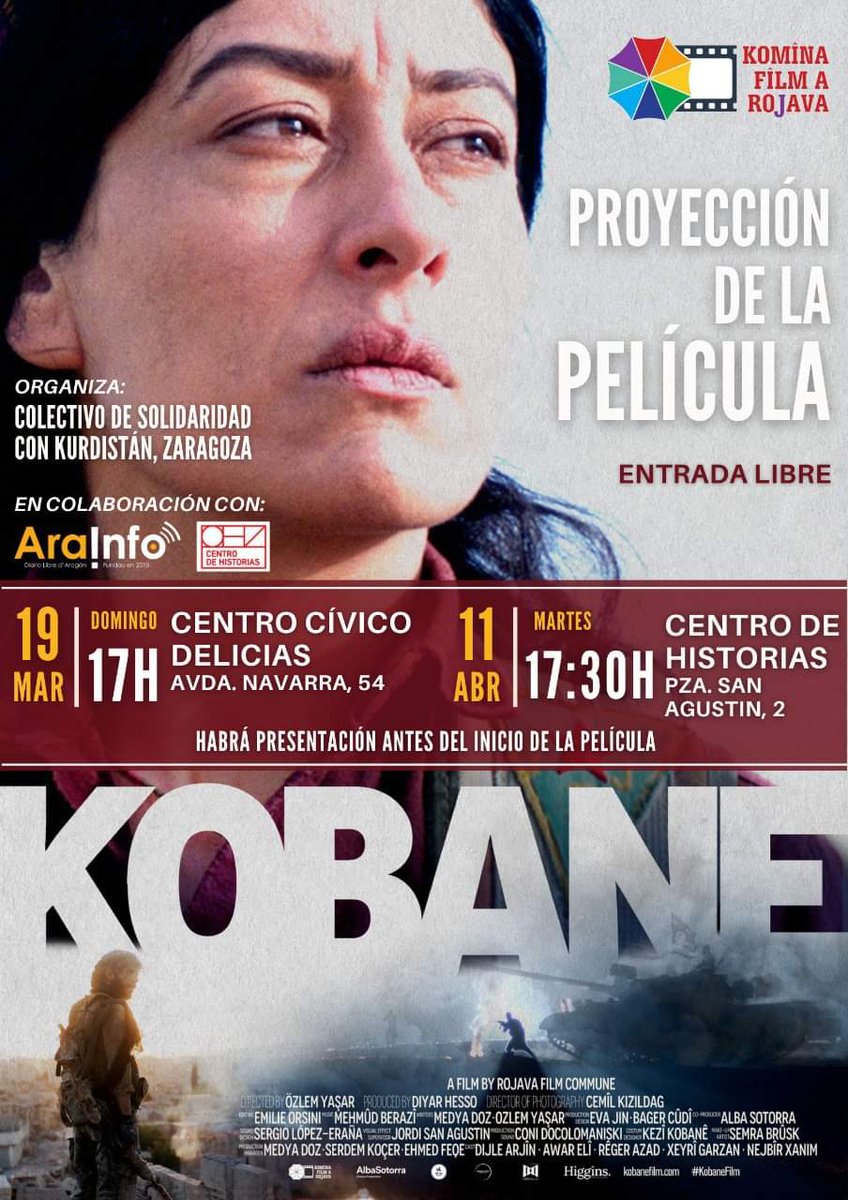 CgtGeneral's tweet image. #CGTenDGA 
11/04 PROYECCIÓN (ZARAGOZA): En el Centro de Historia se podrá visionar "Kobane", película que refleja parte de la realidad de las mujeres en la guerra del pueblo kurdo por su supervivencia.
#10yearsRojava