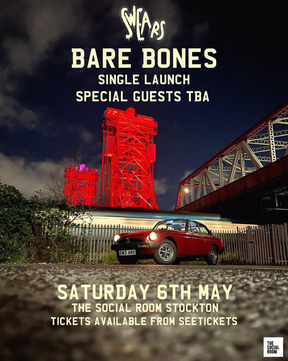 Hello world! We’re coming back for a show to celebrate the release of our brand new single ‘Bare Bones’ - out next month!!🦴🚗

Join us on Saturday 6th May for a party at <a href="/SocialStockton/">TheSocialRoomStockton</a> 

+++ Special Guests TBA +++