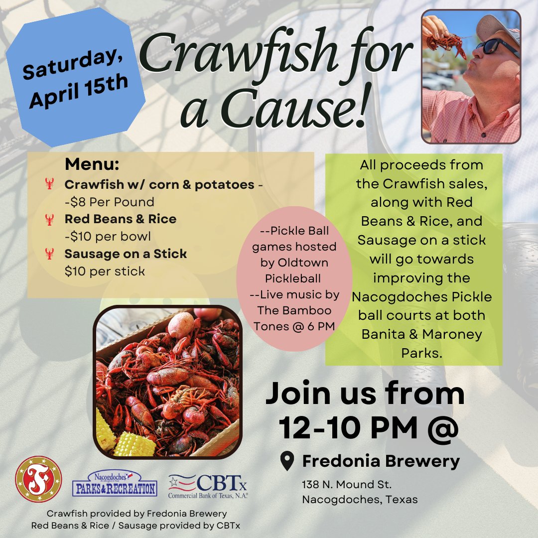 FredoniaBrewery's tweet photo. Mark the calendar for Saturday, April 15th to come out & pinch some tails & suck some heads for a good cause! ;) GET YOUR MIND OUT OF THE GUTTER!
#HeadsOrTails #PinchPeelEat #TisTheSeasoning #OffWithItsHead #DrinkLocalBeer #OldTownPickleball #SupportLocal #OldestTownInTexas https://t.co/JB1j923MCa