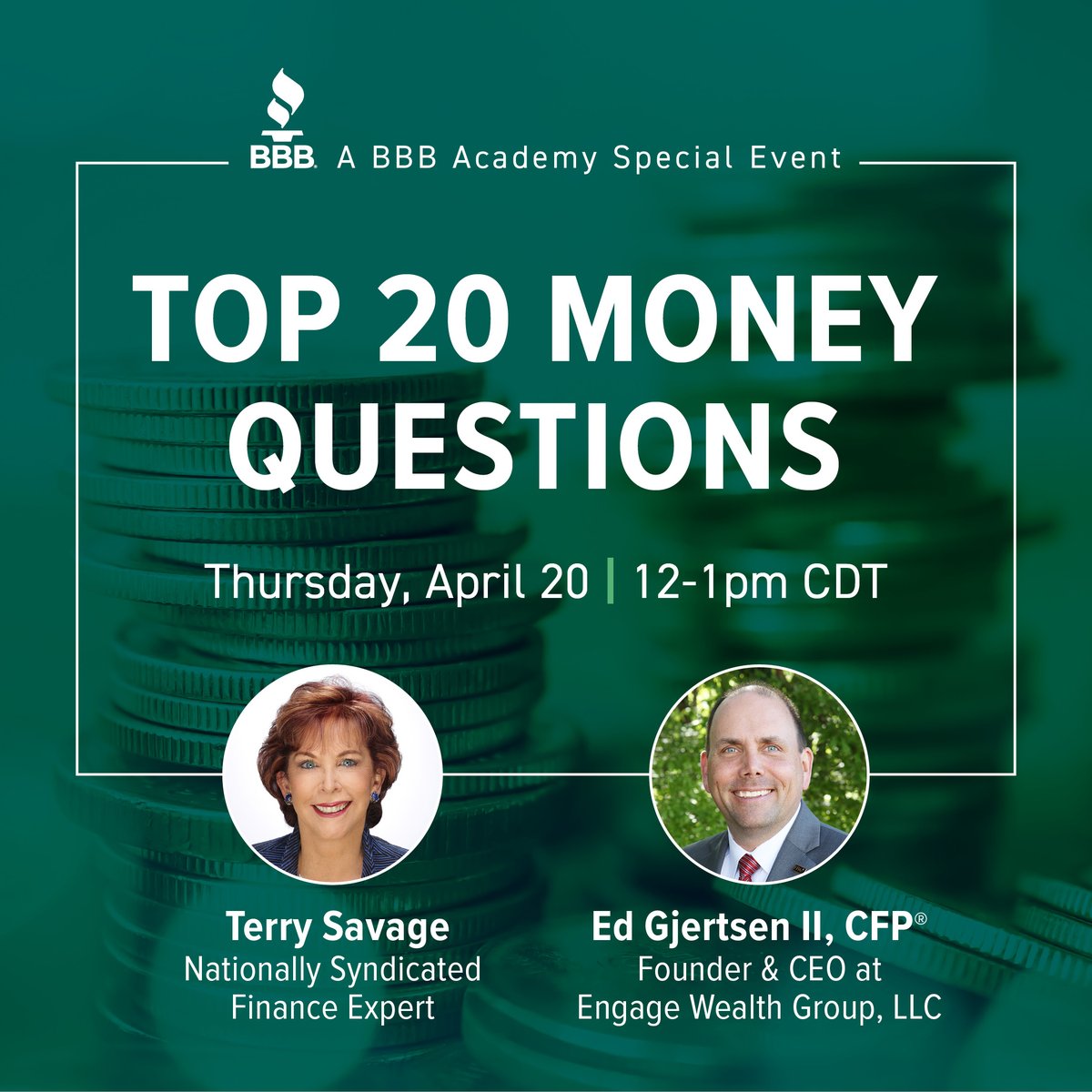 ChicagoBBB's tweet photo. Get your top "Twenty-Money" questions answered! Join @Terrytalksmoney + @EdGjertsenII  on Thursday, April 20th at noon CDT. 

💰 How much to save for retirement?
💳 How to improve your credit score?
🏦 What is the best way to borrow money?

RSVP: https://t.co/YawvJS6V5u https://t.co/P3qPUkpprE