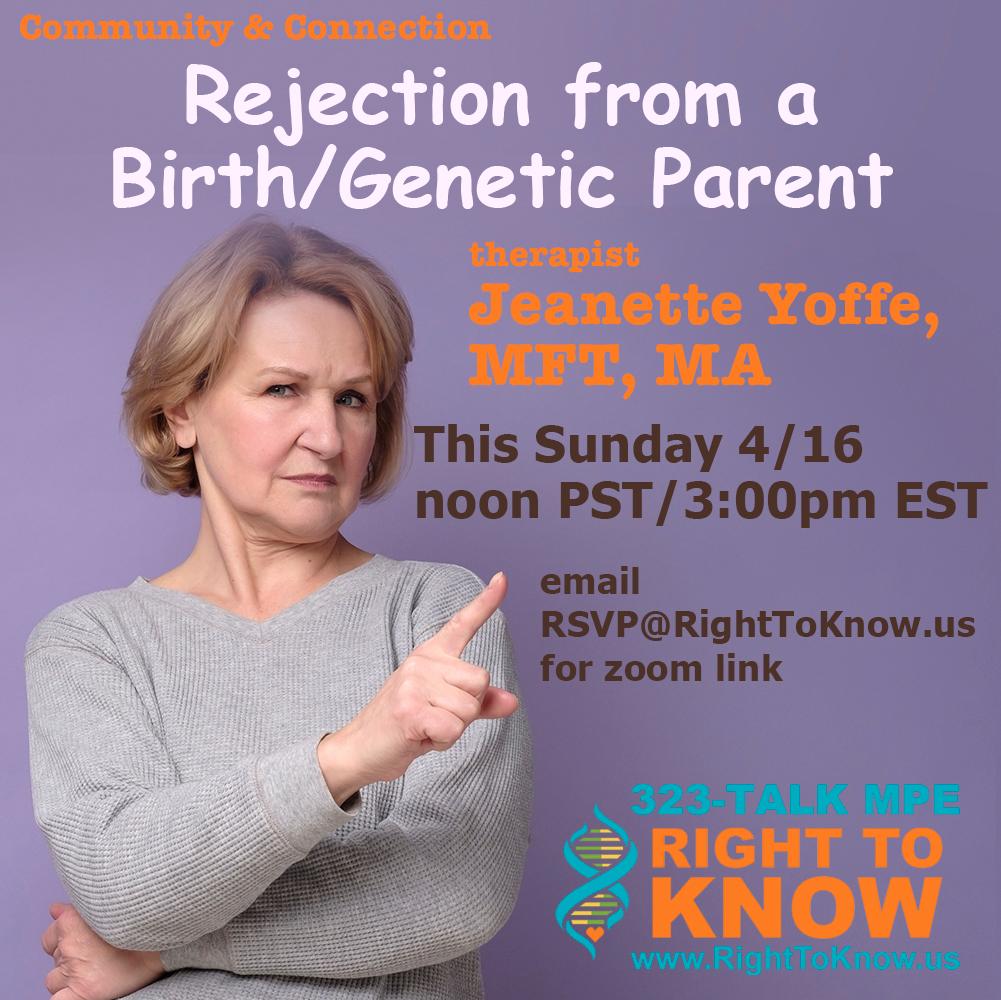 righttoknowus's tweet photo. FREE -Join us this Sunday 4/16 at noon Pacific / 3pm Eastern time to discuss how to cope with rejection from a birth/genetic parent with therapist Jeanette Yoffe, MFT, MA.
Email RSVP@RightToKnow.us for the zoom link
#NPE #adoptee #DCP #righttoknow #dnasurprise #secretsfester #dna https://t.co/OL1MVvgGHx