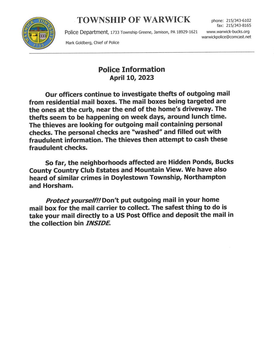 Important information from the Warwick Police Department: