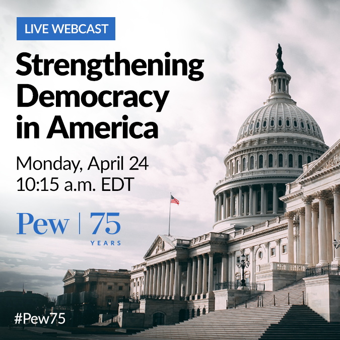 What does democracy look like in America today and where are we headed? Join us for a conversation with leading voices on Monday, April 24: pew.org/3zi1U6e #Pew75