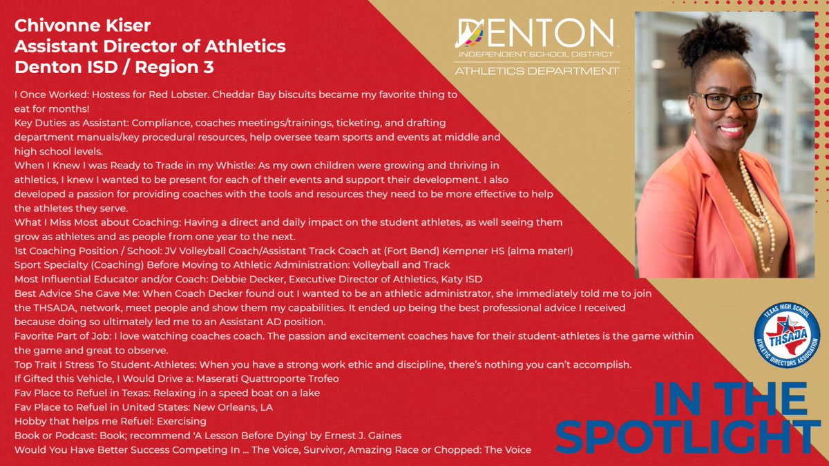 OfficialTHSADA's tweet photo. Best advice given to the talented Chivonne Kiser? Get involved with the THSADA and network with peers. If you're an Aspiring Athletic Administrator, join close to 100 of our members already committed to participating in the Quad A segment at our State Conference in June. https://t.co/0uQQy5Q8kf