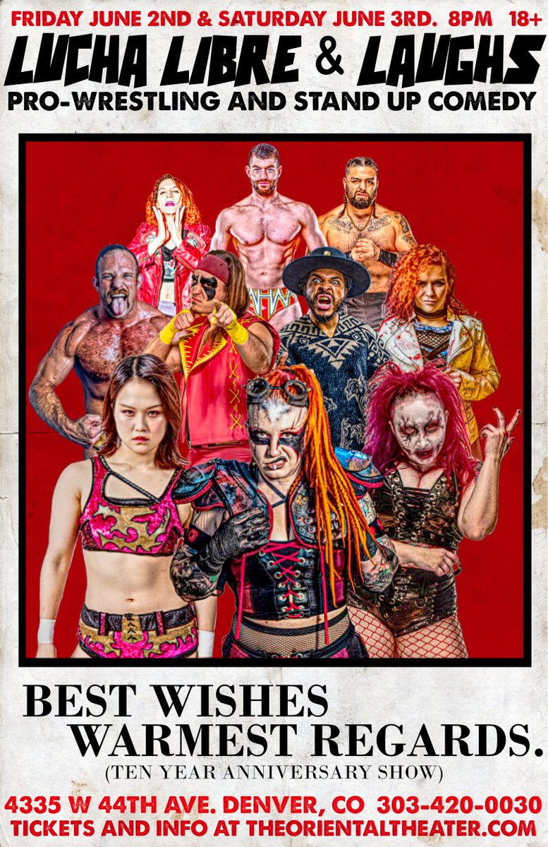 LuchaLibreLaugh's tweet photo. FRIDAY, JUNE 2ND &amp; SATURDAY, JUNE 3RD!
Celebrate Ten Years of LLL with two nights of wrestling and comedy.
Tickets are on sale now, with both links in comments. https://t.co/Z0G6E5HXWn