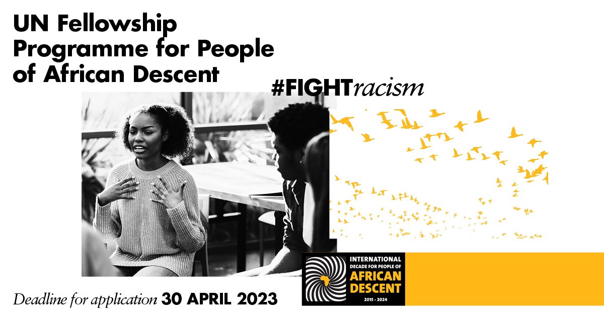 The @ImpactUN is calling for applications from people of #African decent for the @UN Fellowship. Learn how to use #humanrights to #FightRacism, promote racial justice and equality.

The Fellowship takes place in Geneva🇨🇭from 13 Nov-1 Dec 2023.

More info: bit.ly/3nQRiIS