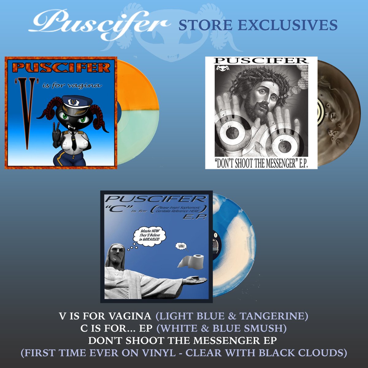 puscifer's tweet image. We have new vinyl available now at Puscifer.com - with all 3 new variants exclusive to our webstore. "V is for...," "C is for...," and for the first time ever on vinyl, "Don't Shoot The Messenger" EP. Get 'em while you can. #puscifer @mjkeenan @carinaround #matmitchell