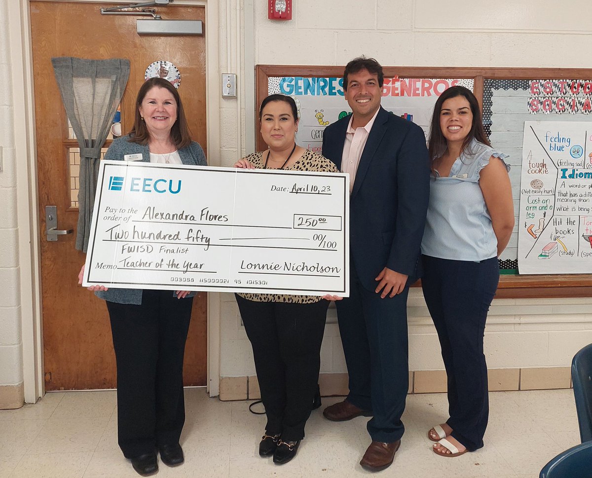 Ms. Flores was surprised with a check from @EECUdfw today for being a finalist for the Fort Worth ISD Teacher of the Year! Well deserved! @amramsey13 @CharlieGarciaFW @hcabal1 @FortWorthISD