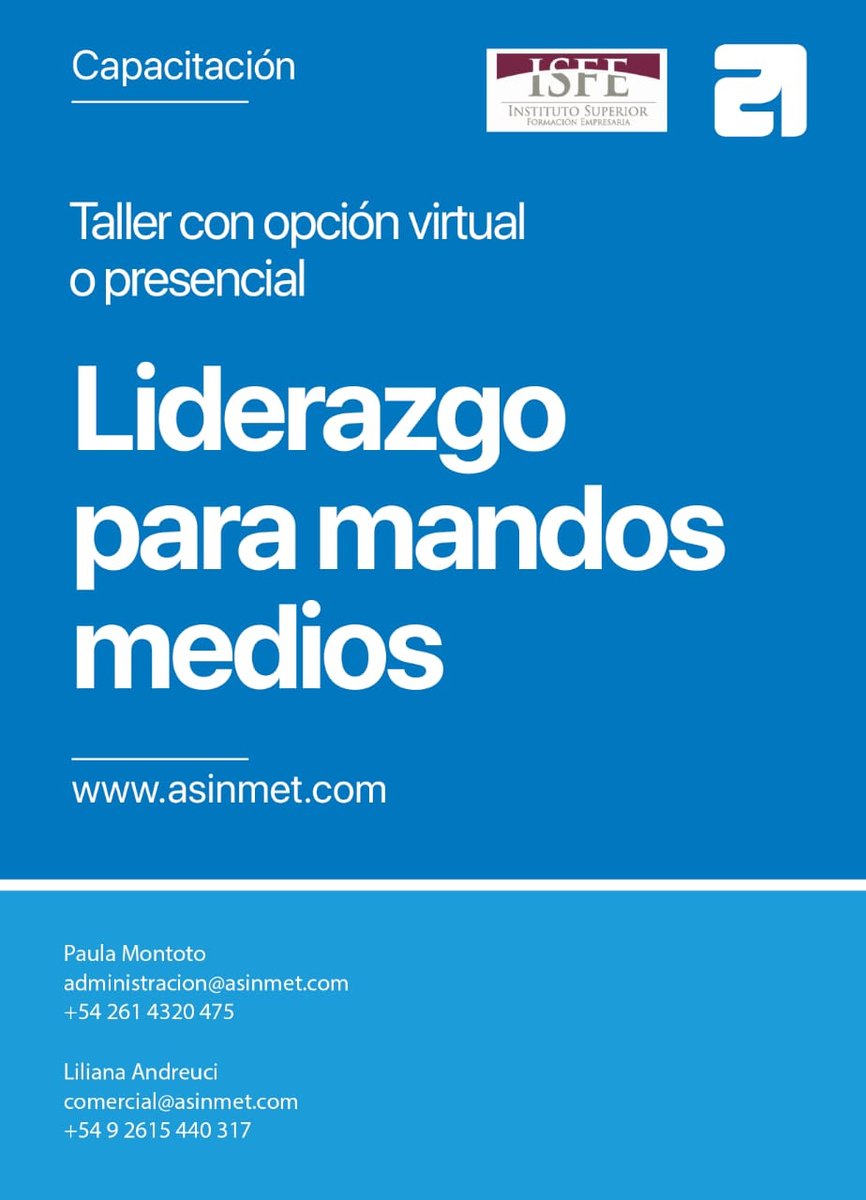 🛑👉Taller virtual o presencial..
🫵Liderazgo para mandos medios 💪
#capacitación #asinmet