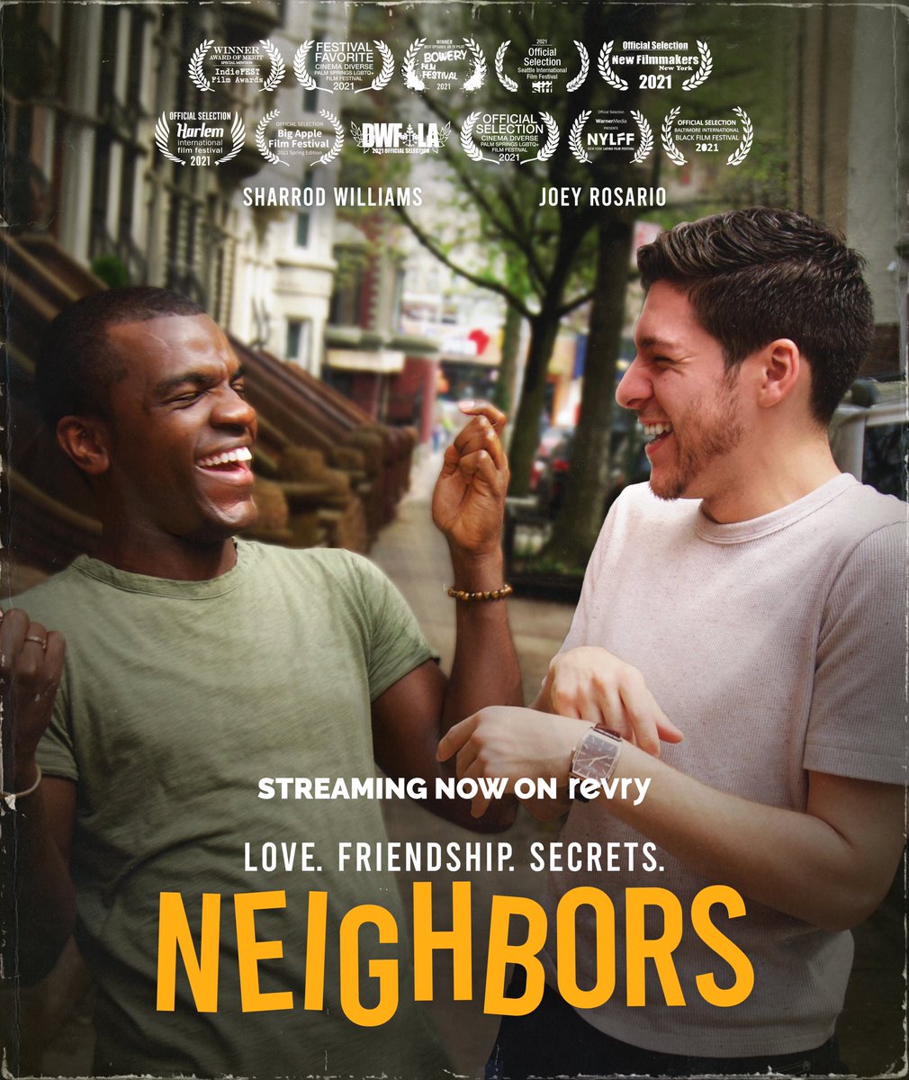 REVRYTV's tweet photo. Neighbors is NOW streaming, only on Revry!

With Broadway shut down and a new virus on the loose, uptown boys Sharrod and Joey find themselves in a love pandemic all of their own.  Will Sharrod and Joey come out still besties on the other side together? 
 @NeighborsSeries https://t.co/5M4BTuhAtc