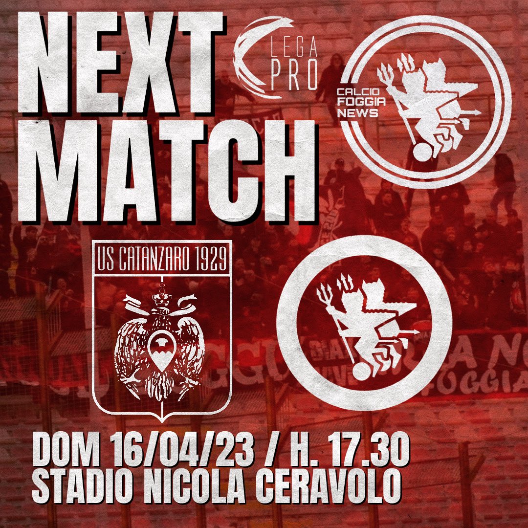 NEXT MATCH, NEXT BATTLE⚔️🔴⚫️

🆚 @uscatanzaro1929official 
🏆 Serie C girone C / 37ª giornata
📆 DOM 16/04/23
🕰️ 17:30
🏟️ Stadio Nicola Ceravolo
•
•
•
#calciofoggianews #Foggia #MagicoFoggia #ZàFò #Satanelli #ForzaFoggia #Calcio #Italia #Rossi #DelioRossi #SerieC #LegaPro #Fg