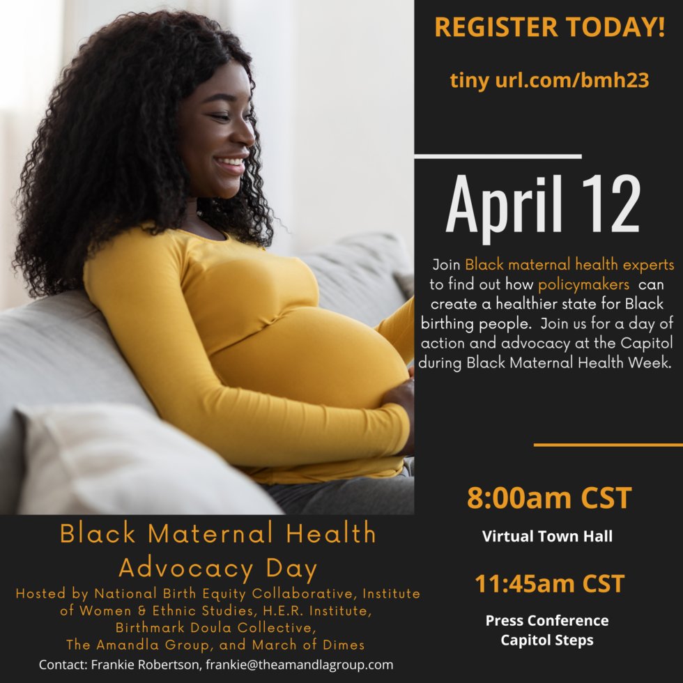 Tune in with Black maternal health experts to find out how policymakers can create a healthier state for Black birthing people. Join us for a day of action and advocacy this Black Maternal Health Advocacy Day tomorrow April 12 at 8:00 AM CST. us02web.zoom.us/webinar/regist… #BMHW23