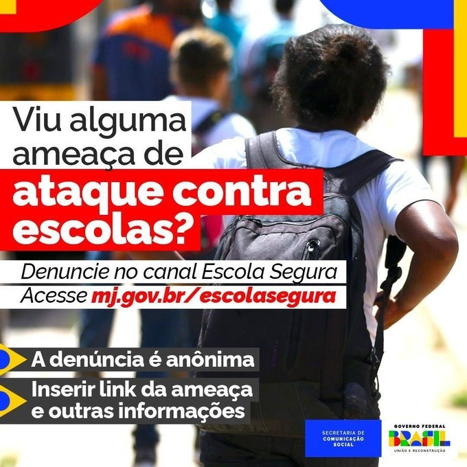 HugoGloss's tweet photo. O Ministério da Justiça anunciou a criação de um canal de denúncia específico para combater massacres e ataques nas escolas. A ação faz parte do planejamento de política nacional do governo Lula, chamada "Operação Escola Segura", em resposta aos casos que aconteceram recentemente em São Paulo (SP) e em Blumenau (SC). Para acessar, basta entrar no site https://t.co/2311Y1Ngsg. É só preencher um formulário com o link de postagens que indiquem possíveis ataques e descrever o máximo de informação possível, como local e nome da escola. As denúncias são anônimas e as informações enviadas serão mantidas sob sigilo. (📷: Reprodução/ Governo Federal)