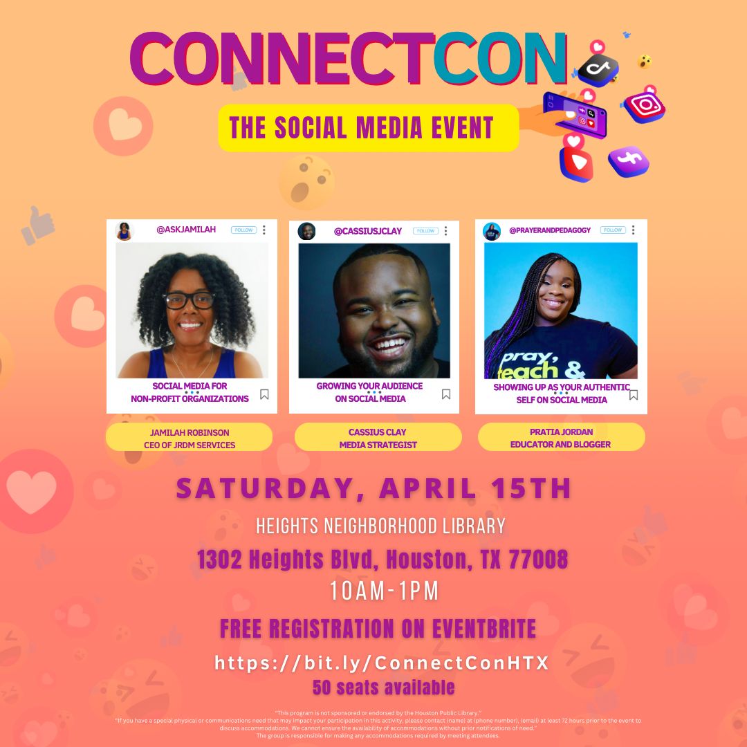 HeyItsMrsJ's tweet photo. You think I'd be better at self-promo stuff, but I'm not. 😬 Last time I presented, I said so the day of and some of y'all asked for more heads up. Is a week good? 😅 If you're in Houston and interested in growing a #socialmedia platform, come see us. It's free! 😁 https://t.co/M7eTPDXBMG