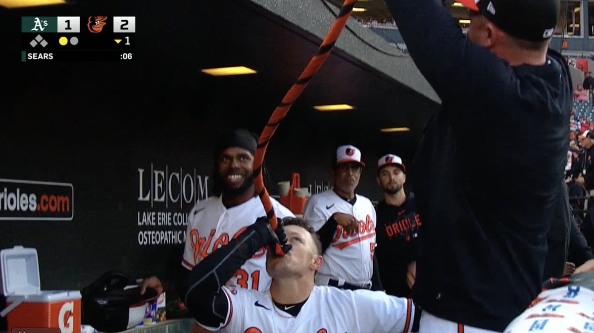 CespedesBBQ's tweet photo. The Orioles have a Home Run Celebration beer bong that they pour water into. Can't believe the 2022 Phillies didn't think of this. We may have a new bro-iest team in baseball. https://t.co/u8R9dpeZB6