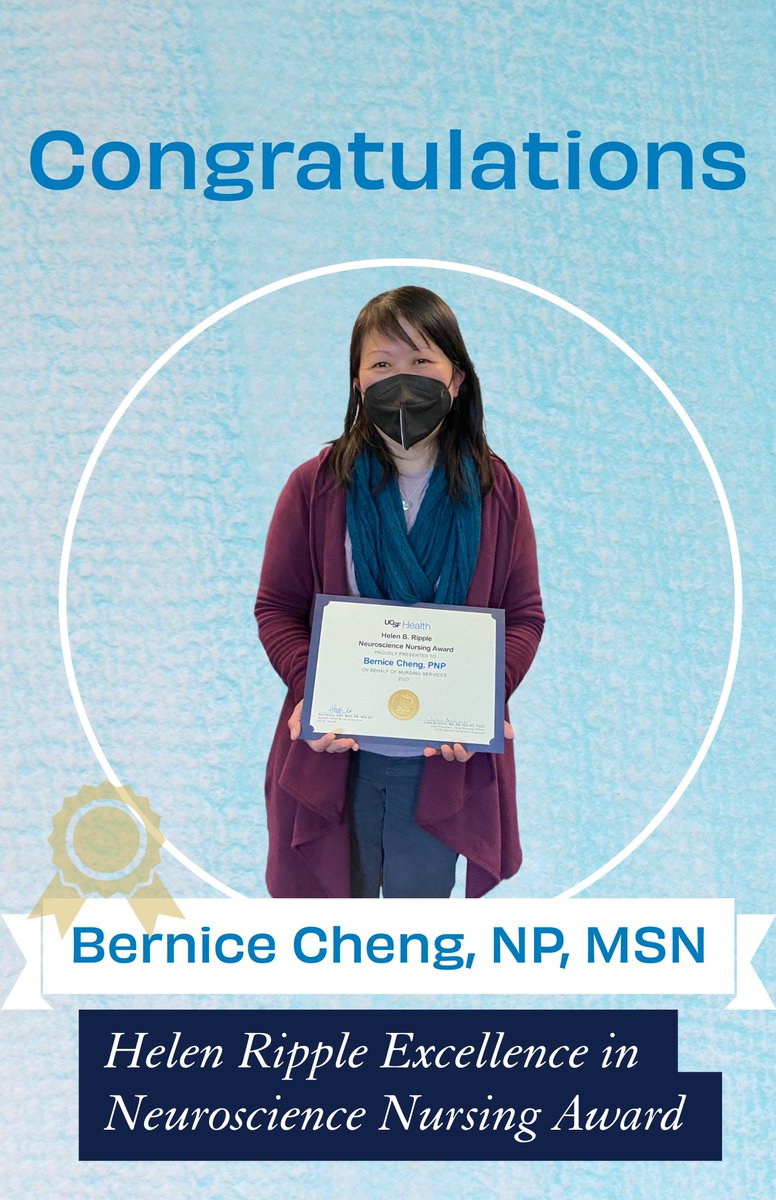 Congratulations to Bernice Cheng, NP, MSN, recipient of the Helen Ripple Excellence in Neuroscience Nursing Award! Bernice was recognized by her peers and colleagues for her extraordinary work and contribution to the care of neurological and/or neurosurgical patients. #UCSFProud