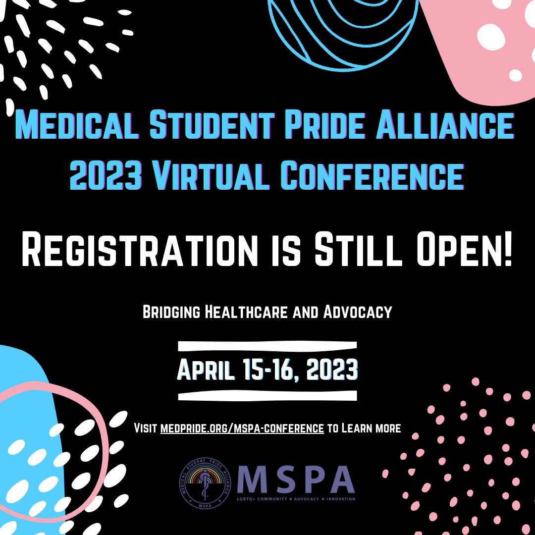 We're going to be talking about how LGBTQ+ healthcare connects to research, curriculum development, community building, and more at the MSPA Conference 2023! 

Head to our website to register and join us! (4/15 and 4/16) 
accelevents.com/e/mspa2023

#MSPA2023 #BeTheBridge