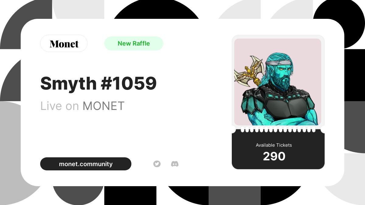 Architect🧩 (@architect_ttt) on Twitter photo ⌛️Ends in less than 48 hrs⌛️
Smyth #1059
🎟️0.2 SOL per ticket🎟️
Tickets available: $PUFF $DUST $FORGE $JELLY $BOO $NCTR
Link below⬇️
monet.community/r/clgbg6uv7159…
Supported by:
<a href="/StonedApeCrew/">Stoned Ape Crew</a>
<a href="/MonetSAC/">Monet | Community, Raffles, and Solana</a>
<a href="/BlocksmithLabs/">Blocksmith Labs</a>
<a href="/SmythsNFT/">Smyths</a> ⌛️Ends in less than 48 hrs⌛️
Smyth #1059
🎟️0.2 SOL per ticket🎟️
Tickets available: $PUFF $DUST $FORGE $JELLY $BOO $NCTR
Link below⬇️
monet.community/r/clgbg6uv7159…
Supported by:
<a href="/StonedApeCrew/">Stoned Ape Crew</a>
<a href="/MonetSAC/">Monet | Community, Raffles, and Solana</a>
<a href="/BlocksmithLabs/">Blocksmith Labs</a>
<a href="/SmythsNFT/">Smyths</a>