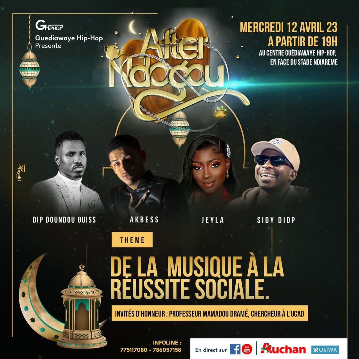 L'association Guédiawaye Hip Hop vous donne rendez-vous ce mercredi 12 Avril 2023 à partir de 19 H , au centre  G Hip Hop pour le 5eme numéro de  After Ndogou 
Thème : De la musique à la réussite.
Invités : Dip, Sidy Diop, Dieyla et  Akbess 
Modération : Fou Malade

#afterndogou