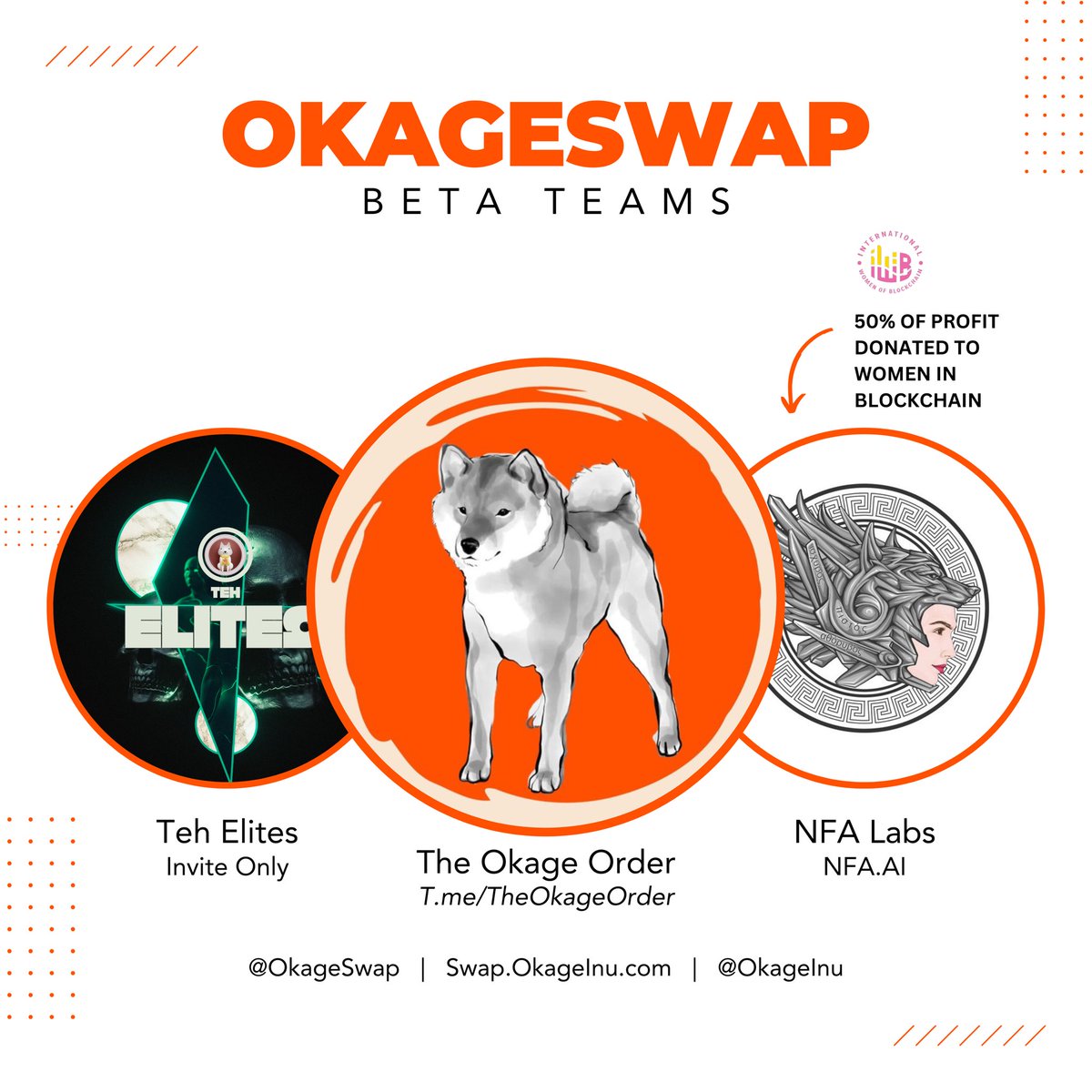 Introducing The <a href="/OkageSwap/">OkageSwap</a> Beta Teams.

OkageSwap Will Be Live Shortly In a Limited BETA For 3 Teams! All Participants Win 🏆 

1.) <a href="/nfalabs/">The Lab</a> - 50% of rewards claimed by their team will be matched and donated to <a href="/IWBevent/">International Women of Blockchain</a> To Support Women in WEB3.

2.) @OkageOrder - Run By Okage