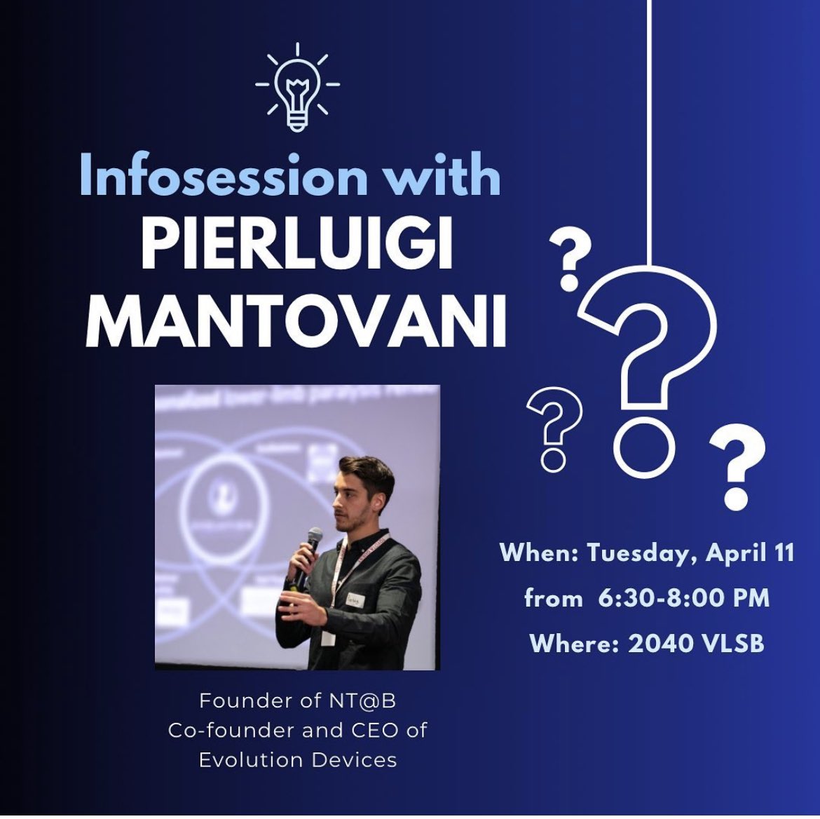 calneurotech's tweet photo. NT@B’s founder Pierluigi Mantovani is coming back to Berkeley, where it all started. He will talk about his career and will be available to answer any questions you have about the field. He is open to chat about summer internships so make sure you’re there tomorrow at 6:30PM! https://t.co/l5NjmGObvZ