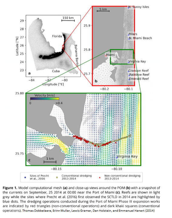 ICR_Observatory's tweet image. Map in the Report on the potential origin of the #SCTLD in the Florida Reef Tract. Authors: Thomas Dobbelaere  Erinn Muller, Lewis Gramer, Dan Holstein and Emmanuel Hanert (2014) Describing location of first observation of the #Coral #Disease within the #Dredging Operation map