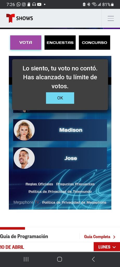 Whatever_7011's tweet photo. @Telemundo @TLMDRealities @TelemundoPR @EndemolShineBD @PonceFrancisco1 @Jimenagallegotv @SANDARTI 
#telefraude la semana pasada al igual q está no nos permitió votar a muchas personas en PR y algunas partes d EU y hoy cuando se oprime para votar por #Madison aparece esto. https://t.co/CgMSXDhzk3