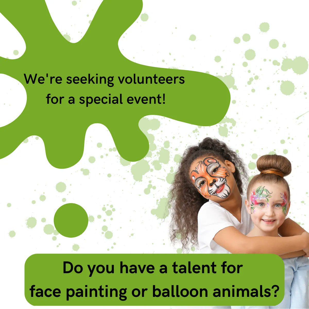 Are you passionate about making kids smile?

We are hosting a family-friendly event on May 20th in Springville, and we are looking for volunteers to help with face painting and balloon animal-making.
Please send us a message if you'd like to help! 
#communityvolunteer #nonprofit