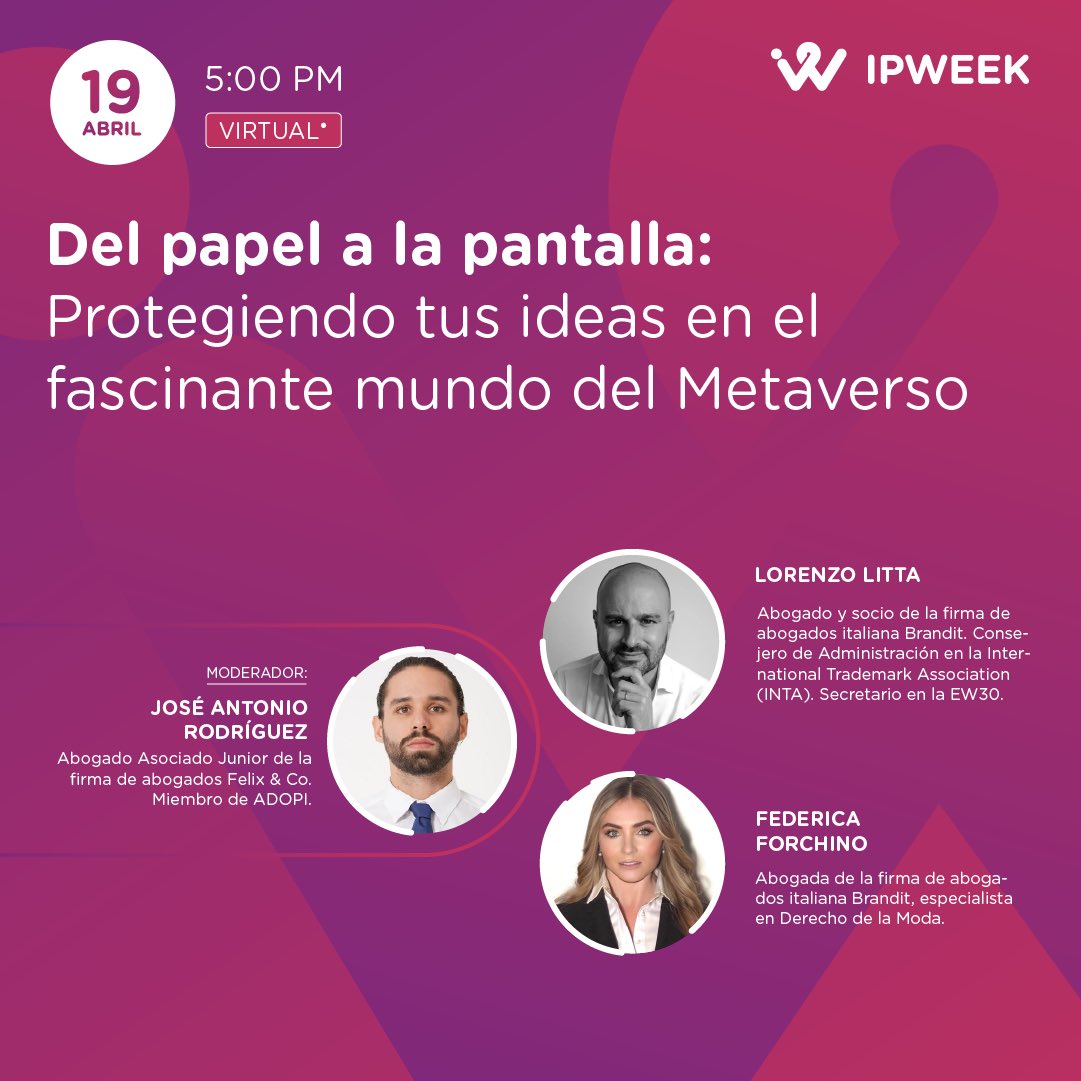 ¡Ven entérate cómo se está adaptando la PI al nuevo mundo del metaverso! Como parte de las actividades del IPWEEK 2023, traemos una interesantísima conversación sobre cómo podemos proteger nuestras creaciones en la realidad virtual. ¡Reserva tu cupo ya, es totalmente gratis!