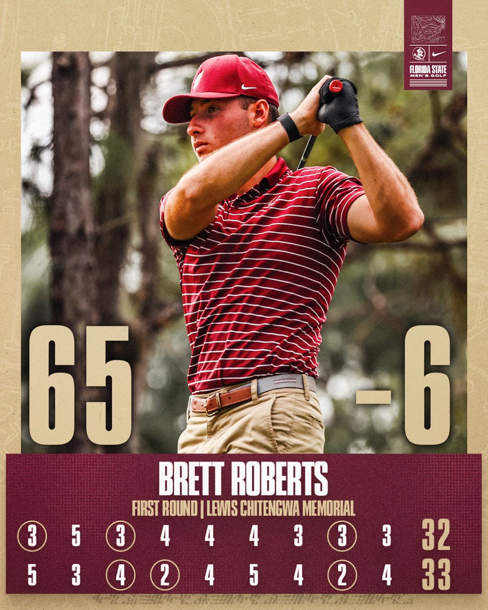 𝐁𝐫𝐞𝐭𝐭 𝐓𝐡𝐞 𝐁𝐢𝐫𝐝𝐦𝐚𝐧 🐦 

On the strength of 6️⃣ birdies, <a href="/_Brett_Roberts/">Brett Roberts</a> ties his career-low with an opening 65 in Charlottesville.

The #Noles are six shots ahead in first place as the second round begins.

#OneTribe
