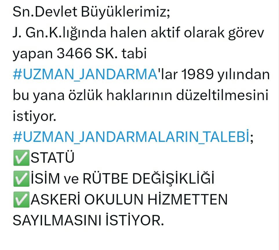 #UzmanJandarma seçim müjdesinde unutulmasın❗
<a href="/RTErdogan/">Recep Tayyip Erdoğan</a> <a href="/dbdevletbahceli/">Devlet Bahçeli</a> <a href="/TC_icisleri/">T.C. İçişleri Bakanlığı</a>  <a href="/Mustafa_Destici/">Mustafa Destici</a> @ErbakanFatih <a href="/UlviYonter/">Dr.İzzet Ulvi YÖNTER</a> <a href="/_cevdetyilmaz/">Cevdet Yılmaz</a> <a href="/mustafaelitas/">Mustafa Elitaş</a> <a href="/suleymansoylu/">Süleyman Soylu</a> @yilmaz_ismet58 <a href="/celebimehmeta/">Mehmet Ali Çelebi</a> <a href="/erkanakcay45/">Erkan Akçay</a> <a href="/TSKGnkur/">TSK</a> <a href="/HVahapoglu/">Dr. M. Hidayet VAHAPOĞLU 🇹🇷</a> <a href="/Akparti/">AK Parti</a> <a href="/tcsavunma/">T.C. Millî Savunma Bakanlığı</a> <a href="/jandarma/">T.C. Jandarma Gn. K</a>