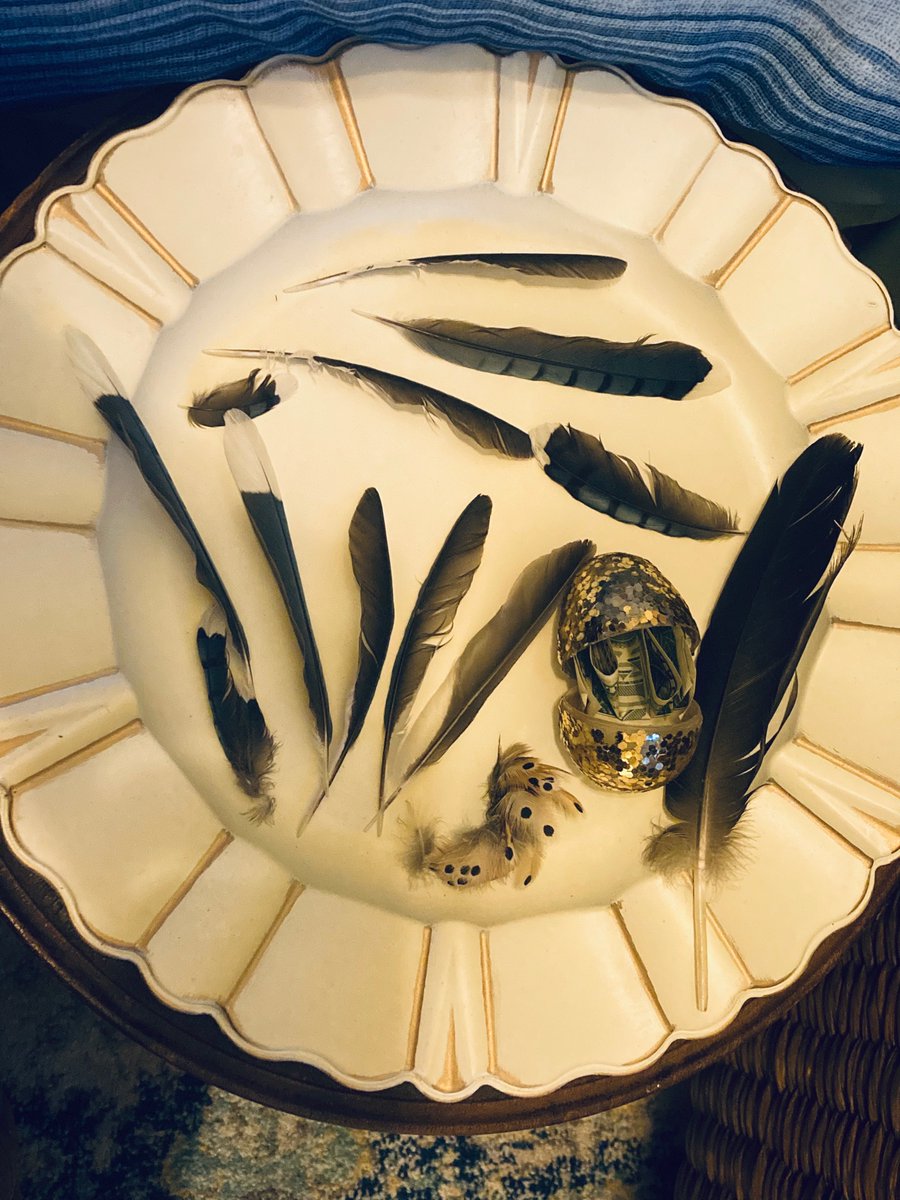 BrK_The_Matrix's tweet photo. My husband and I found 11 blue jay feathers, a chunk of dotted feathers (owl?), a golden egg with money and a large goose feather while on a short walk. We are quite satisfied with our treasure. 😎 https://t.co/YUwIx2L8m9