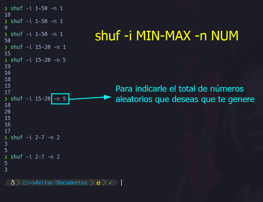 Hack4uAcademy's tweet image. ¿Sabías que en #Linux puedes usar el comando nativo 'shuf' para generar un número aleatorio en un rango específico? 🎲🔢
Reemplaza MIN y MAX con los límites deseados.
¡Juega con la suerte en la terminal! 🌟 #Bash #TerminalTips 🃏✨
