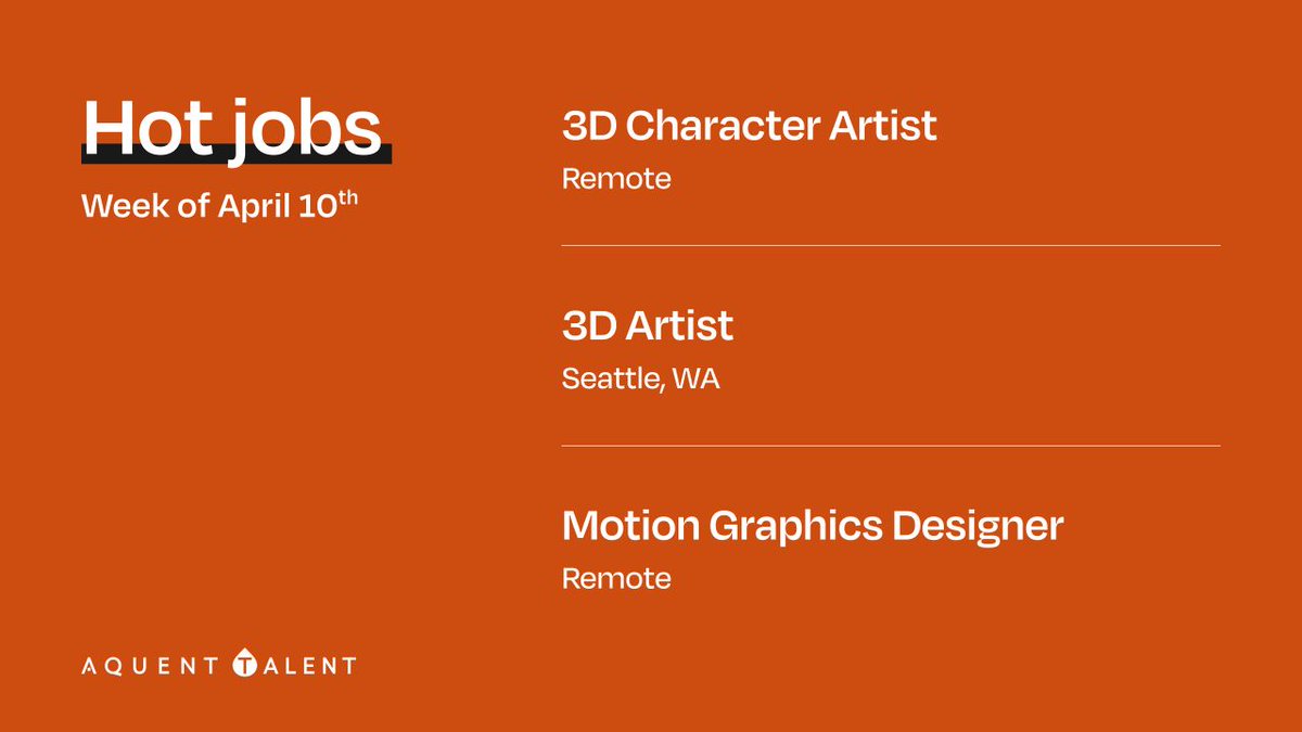 aquenttalent's tweet photo. Thereβs nothing we won't do to help make the world a better place through design.
3D Character Artist - https://t.co/Wo59uEcII8
3D Artist - https://t.co/Eb85d9SJTo
Motion Graphics Designer - https://t.co/5VUlmBAn77
#NowHiring #DesignerJobs #ArtistJobs #GraphicsJobs #JobSearch https://t.co/XkgOVe7Qhc