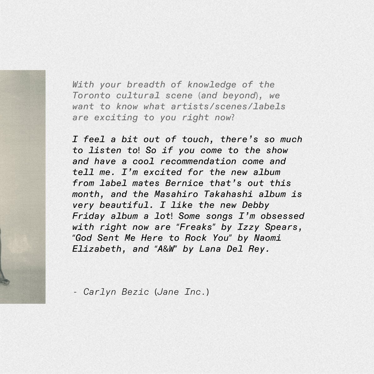 Get to know Jane Inc. ❤️

Carlyn Bezic, a long-time friend, and collaborator with Debaser will be performing as Jane Inc. ahead of her upcoming tour with U.S. Girls this spring starting this Wednesday at LIVE on Elgin!

Tickets at eventbrite.ca/e/jane-inc-kir…