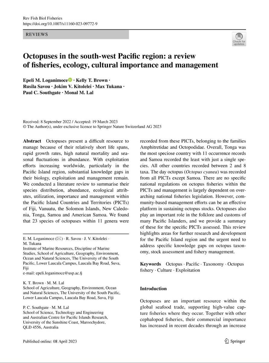 EpeliLogan's tweet photo. Octopuses contribute substantially to livelihoods of south-west Pacific communities yet, we know very little about them. Check out what we know and what we don’t know about octopuses in the south-west Pacific
link: https://t.co/pOopFt9t2W
#octopuses
#southwestpacific
#kuitasulua https://t.co/N1YysJISPq