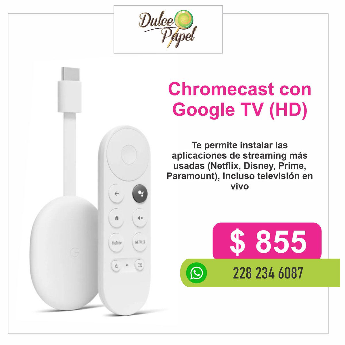 DULCEPAPEL's tweet photo. ¡Disfruta de la TV en vivo y tu contenido favorito en un solo lugar con Chromecast con Google TV (HD) 1080p HDR! Controla con tu voz y accede a Netflix, Prime Video, Disney+, y mucho más. Producto importado por solo $855.   

Más info: https://t.co/QXWvaU6QsB

#Chromecast #Xalapa https://t.co/IDeuQA84vQ