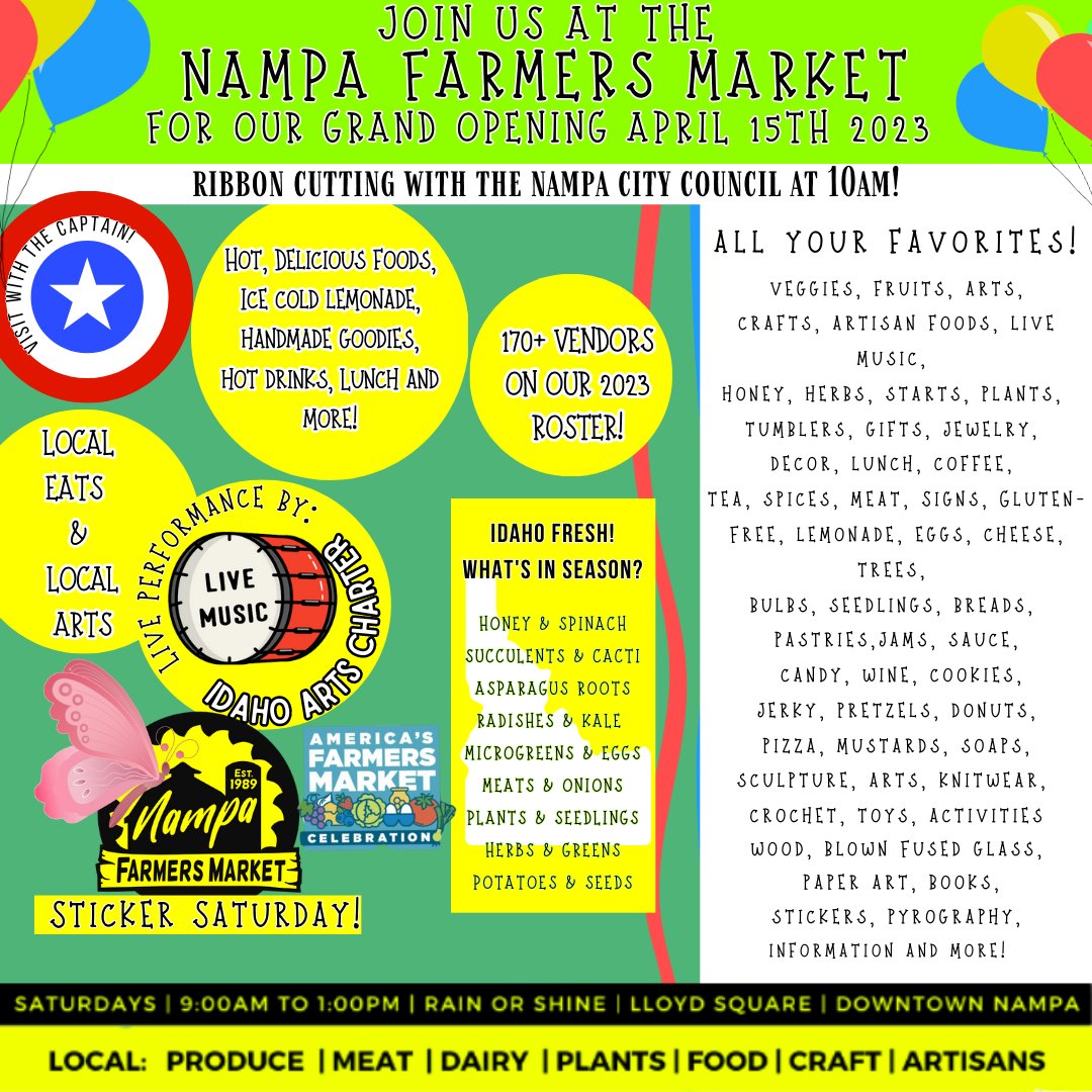 NampaFM's tweet photo. It's the #Nampa #Farmers Market Grand Opening this weekend! Come out and be a part of the fun! Over 170 vendors are on our 2023 roster currently and the weather looks like it's going to be absolutely #gorgeous! #SupportLocal #Idahome #NampaIdaho #NampaFM #LocalGoods #The208 https://t.co/paPyp8Ny0E