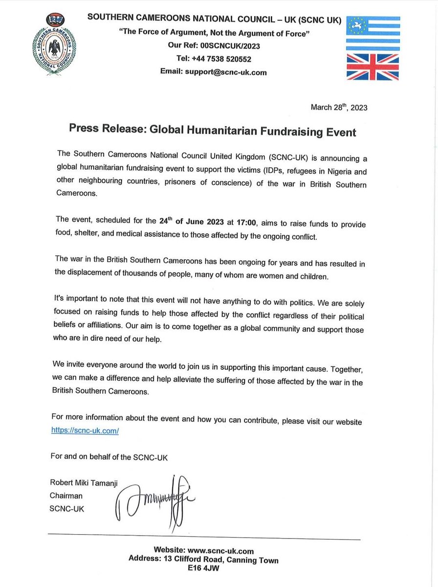 Join us for a global humanitarian fundraising event to support the crisis victims in British Southern Cameroons. 

Location: 15A, Perry Vale, Forest Hill, London SE23 2NE
Date: 24th of June 2023
Time: 5:00 pm.