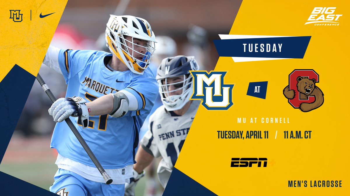 The Golden Eagles head to New York for their first meeting with an Ivy League foe. It's MU at No. 7/6 <a href="/CornellLacrosse/">Big Red Lacrosse</a> on Tuesday at 11 a.m. CT on ESPN+. #WeAreMarquette

MORE INFO 🔗
gomarquette.com/news/2023/4/10…