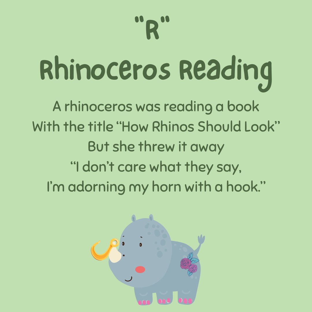 #animalalphabets this week is 'R for #Rhinocerous Reading'. After a busy week, this is my offering. However, I feel there was so much more that could have been done with that as a starting point. Hey ho.  #writingforfun  #famouslimericks #poetryforkids @AnimalAlphabets