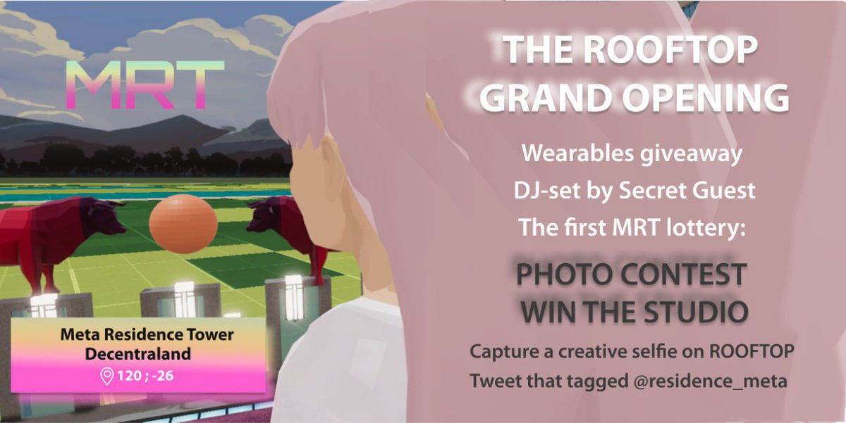 ⭐️The ROOFTOP grand opening

04.16
19:00 UTC

Opening party
DJ-set
The first MRT lottery

📍Use the elevator SECTOR A

📸 Photo contest: win the STUDIO!

1. Take a creative selfie on ROOFTOP
2. Quote retweet from here, and add your selfie😉

See you in the MRT at DCL 120 ; -26