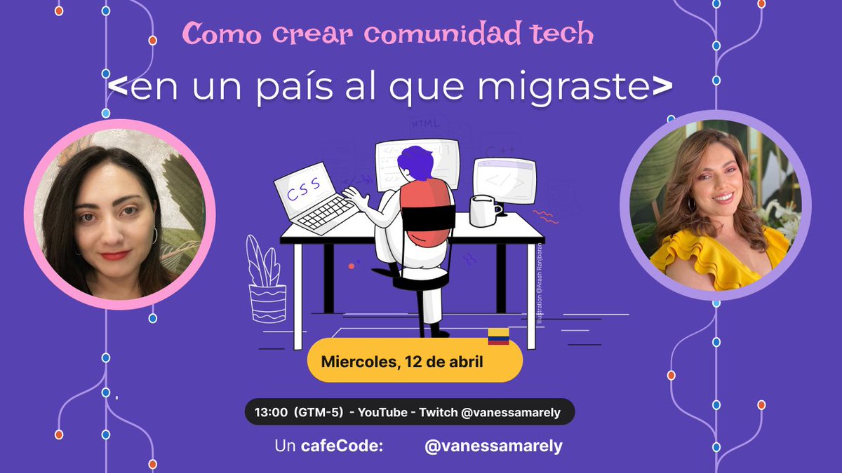 vanessamarely's tweet image. 📢Agéndate este miércoles con #CafeCode!! 🗓️

@Pazupersonica  nos contara como ha sido la gran experiencia de crear una comunidad tech en el pais al que migro 💪

#youtube youtube.com/watch?v=rdjsag…

#twitch twitch.tv/vanessamarely