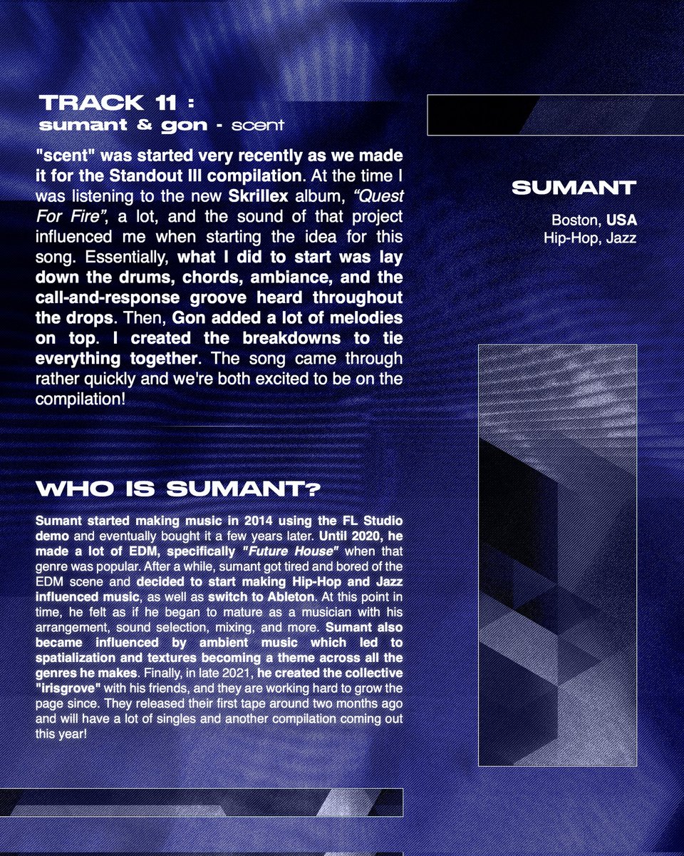 outsiders_paris's tweet photo. STANDOUT III available everywhere on April 14th. Pre-save here : https://t.co/STbU8cHLxN

What a pleasure to announce you the 11th track of STANDOUT III compilation.

"Scent" by @SUMANTSAGAR and @offensivenoise is a rich and melodic bounce that will warm your heart. https://t.co/Sun9xuSCA8
