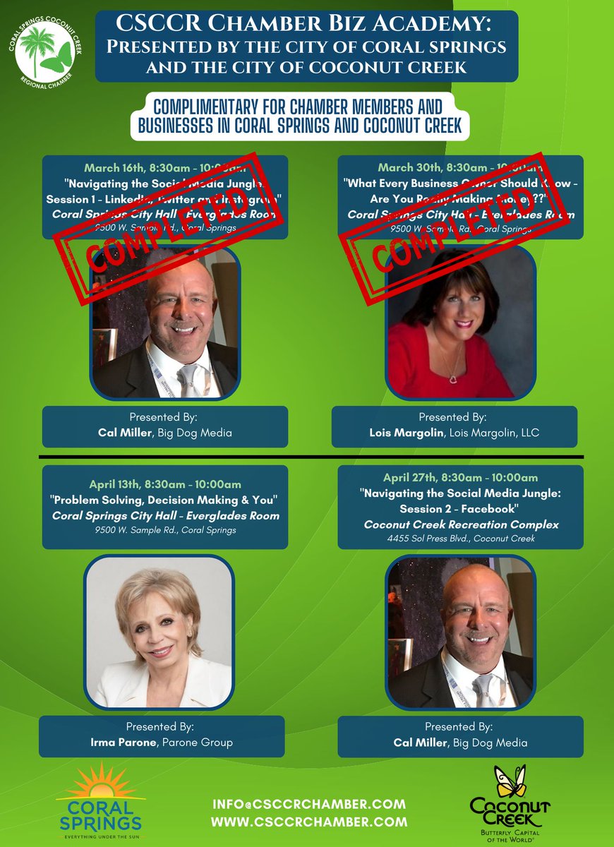 Don't miss the third session of the CSCCR Chamber Biz Academy, presented by the City of Coral Springs and the City of Coconut Creek! Join us on Thursday to hear from Irma Parone on "Problem Solving, Decision Making &amp; You"! RSVP here: bit.ly/3GskGfd